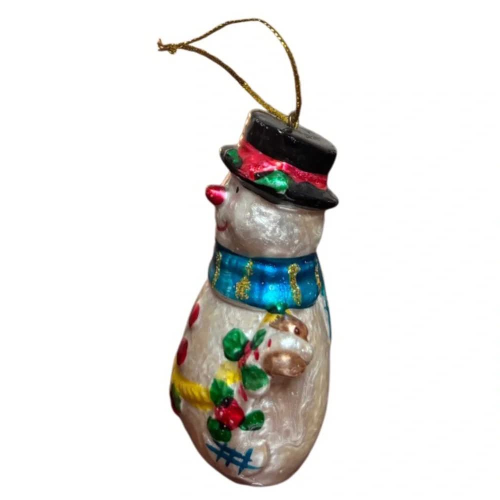 Snowman Glass Ornament Christmas Gift Box Set Collectible White Blue Red Gold